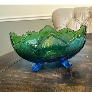Vintage Jeanette antique Lombardi Emerald Green Glass Footed Bowl carnival glass